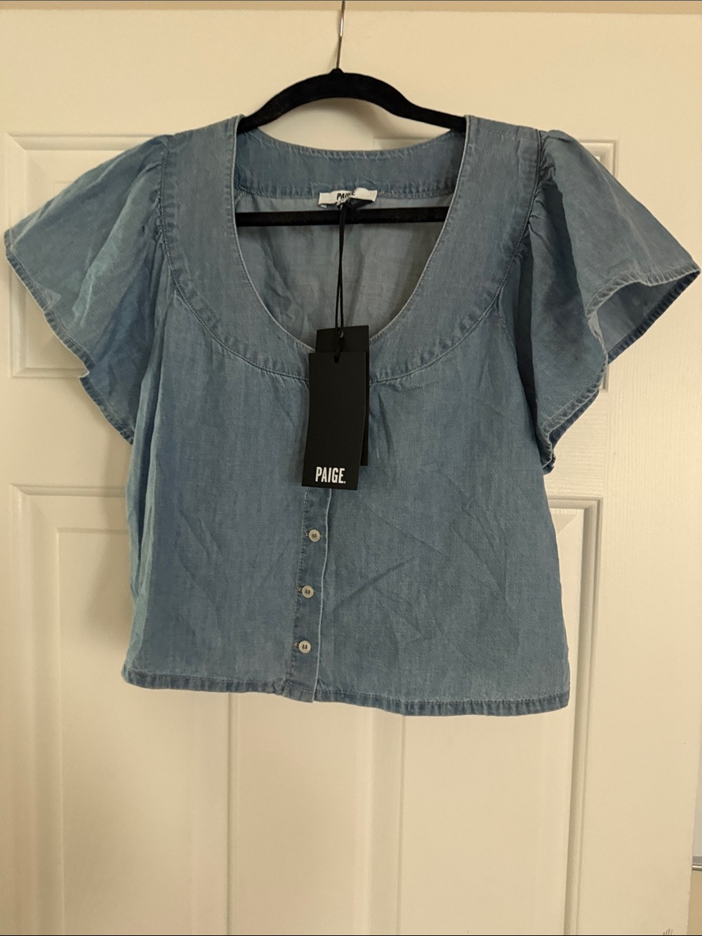 PAIGE Light Wash Denim Scoop-Neck Button Front Blouse